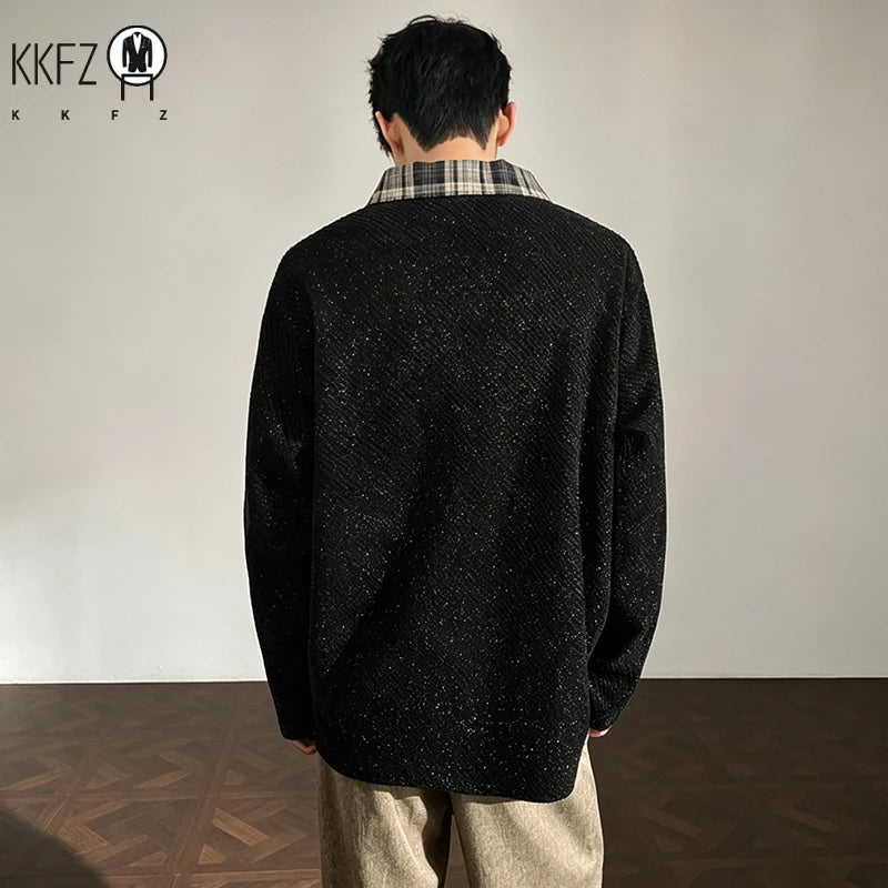 Autumn Mens Loose V Neck Corduroy Top Long Sleeve Plaid Contrast Collar Textured Material Casual Garment