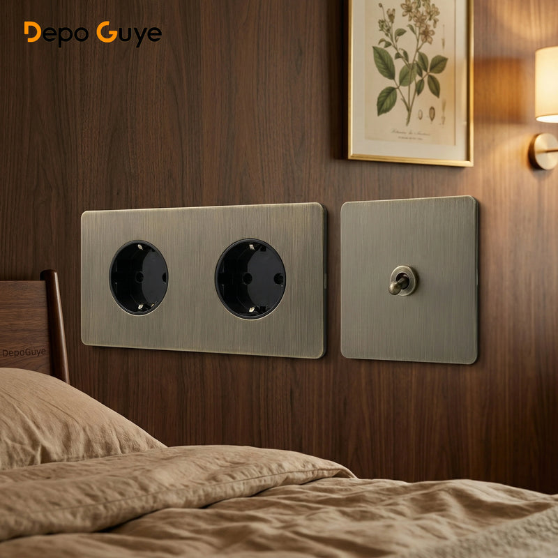 Retro EU FR Metal Panel Wall Toggle Light Switch Socket plug,Bronzed Antique Stainless Steel German 16A Socket with USB Charging