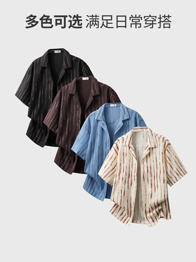 DUKEEN Men's Textured Striped Cuban Collar Shirt Old Money Style Short Sleeve Camp Collar Casual Beach Vacation Shirt