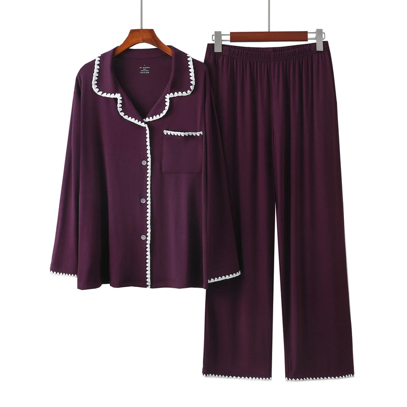 New Embroidery Modal Long Sleeved Spring Autumn Pajamas For Women Sleepwear Trousers Sets High Quality Women's Home Clothes