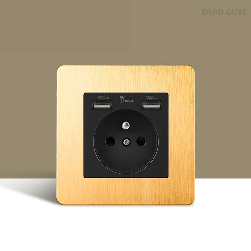 Retro Wall Light Toggle Switch Dual EU FR Socket Gold Stainless Steel Brushed Panel  Vintage Brass Lever For Home Improvement
