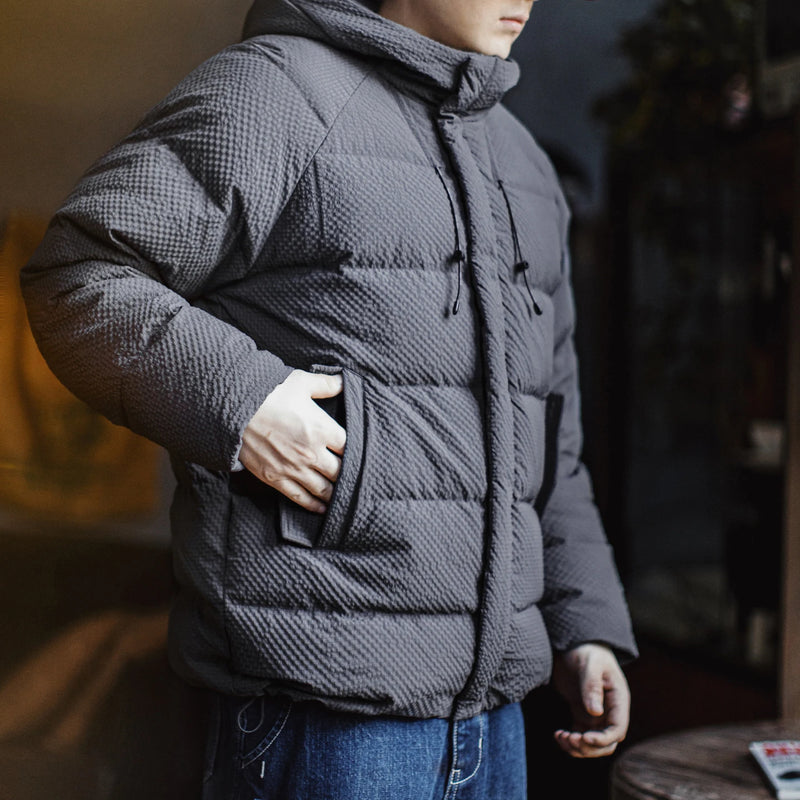 Maden Casual Men's Down Jacket 90% White Duck Down Filling Hooded Coat Warm Zip-Up Seersucker Textured Outwear for Fall Winter