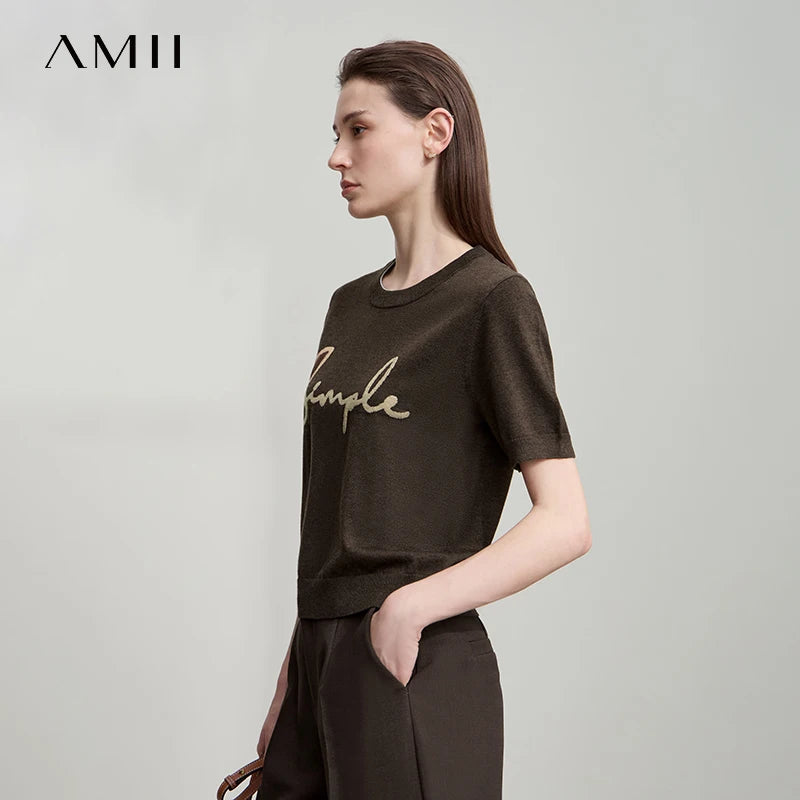 AMII Woman T-Shirts 2026 Summer Letter Jacquard Round Neck Knitted Crop Top Casual Short Sleeve Tee Women Clothes 12523051