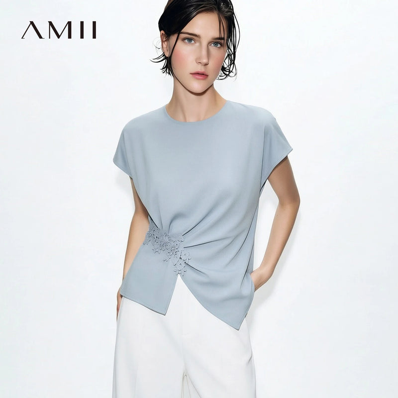 Amii Women's Blouse 2026 Summer New Round Neck Tie Detail Lace Raglan Short Sleeve Chiffon Top Asymmetric Casual Shirt 12622217