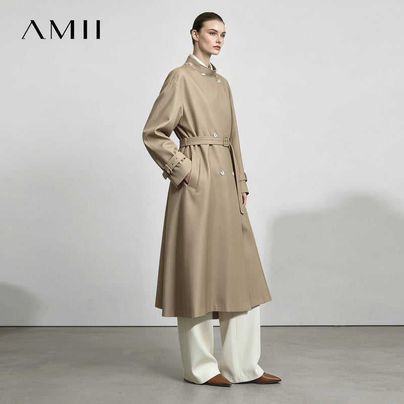 Amii Women's Long Trench Coat Stand Collar Double-Breasted Belted Oversized Satin Shine Commuter Autumn Woman Clothes 12653024
