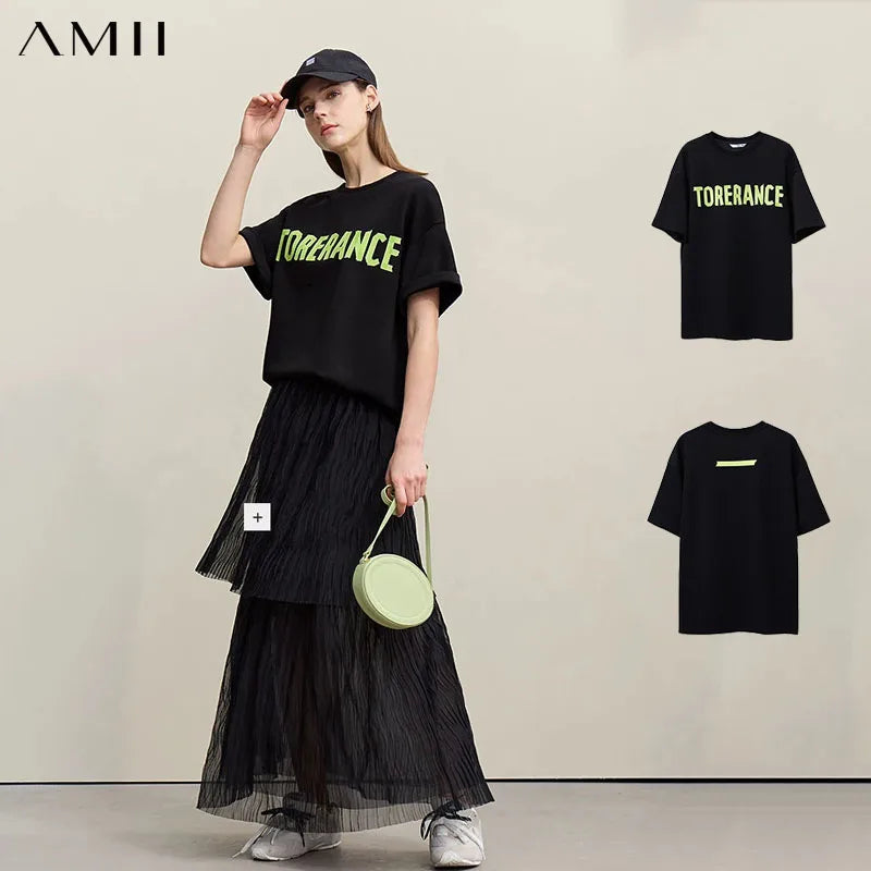 Amii Short Sleeve T-shirt 2026 Summer New Round Neck Letter Printted Cotton T-shirt Women's Loose Casual Tee Tops 12621088