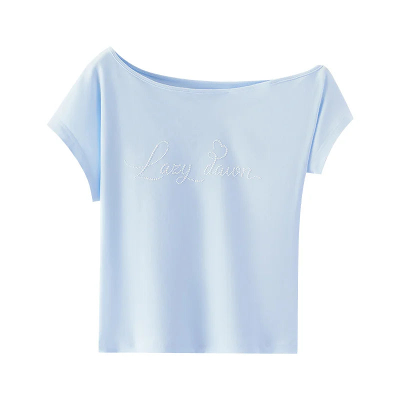 Semir Womens Tshirt 2026 Short Letter Oblique Shoulder Slim Sweet Cool Casual Fashion
