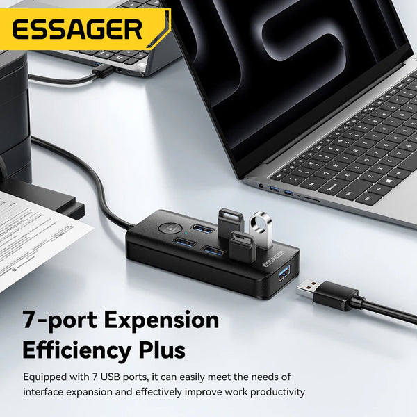 ឧបករណ៍ភ្ជាប់ថាមពល Essager 7-in-1 USB 3.0 Hub Multi USB Splitter Adapter 5Gbps High Speed USB Splitter OTG Adapter សម្រាប់កុំព្យូទ័រ Laptop Macbook Pro