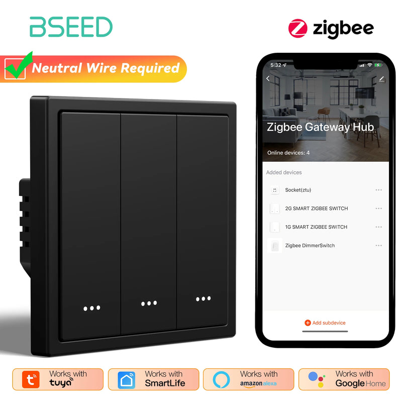 BSEED Zigbee Click Light Switch 1/2/3/4Gang Smart Button Switch Plastic Frame Tuya Smart Life Alexa Control Need Neutral Line