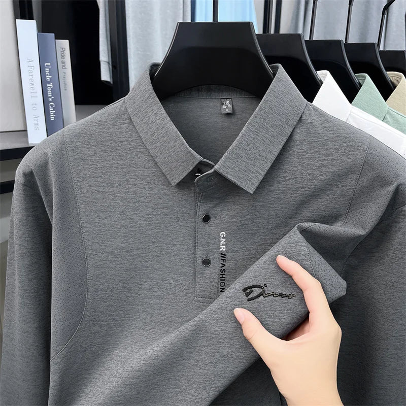Luxury Men Long-Sleeve Polo Shirt Lapel Button Letter Print Breathable Autumn Winter New Leisure Sports Versatile Men's Clothing