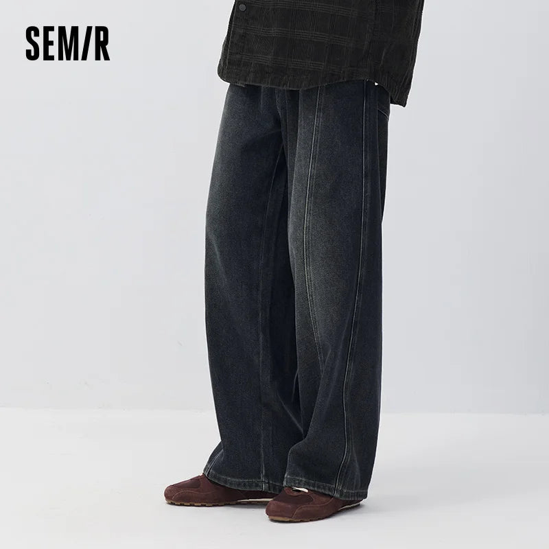 Semir Men Denim Jeans Drawstring Loose Fit Wide Leg 2026 New Winter Daily Wear Urban Casual Style Cold Weather Layering