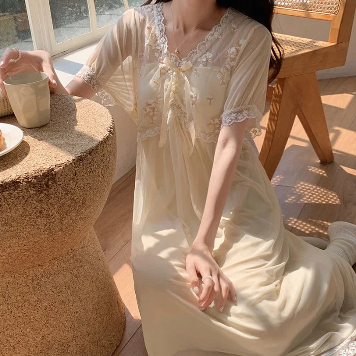 Lace Modal Mesh Summer Night Dress Woman Court Princess Nightdress Loungewear Sleepwear Women's Nightgowns Homewear Nightwear