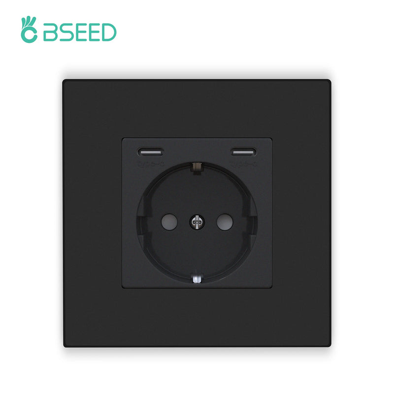 BSEED EU Standard Wall Socket Single Power Outlets USB Type-C Port 20W Fast Charge Plastic Panel Triple Electric Plugs 16A
