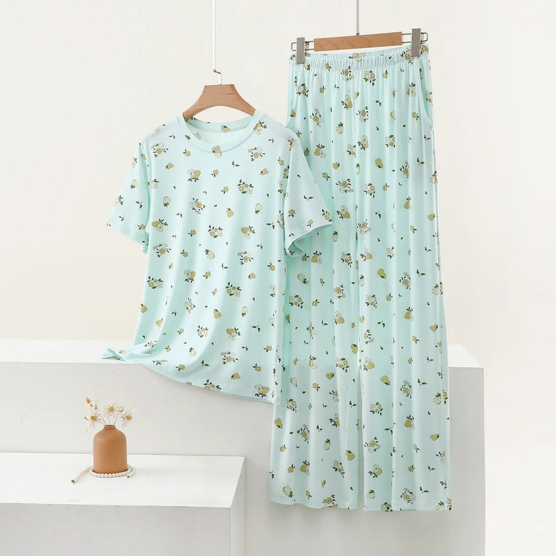 Floral Pajamas Woman Summer Thin Two-piece Ladies Set Modal Loose Home Suit Short Sleeve Nightwear for Woman Sleepwear Pijama
