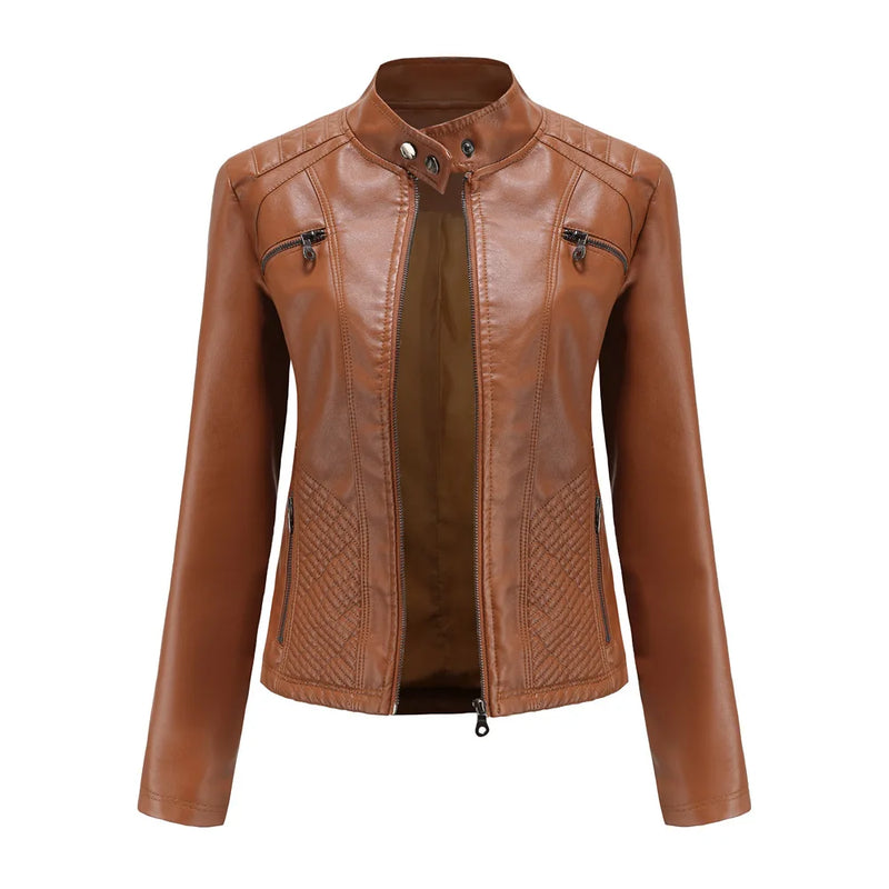 Women Leather Jacket, 2026 Autumn Spring Women's Moto Biker Zipper Jackets Red Black Apricot Coffee Coat Ladies Outerwear S-3XL