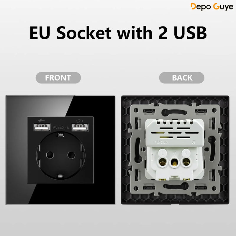 European Standard 4 Gang Wall Power Socket 16A Glass Panel with Dual USB Type-C Ports White/Black Industrial Home Hotel