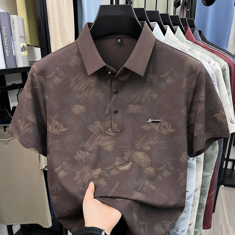 Everyday Wear Abstract Feather Printed Lapel Polo Mens Soft Cloth Casual Dinner And Post work Walking Apparel