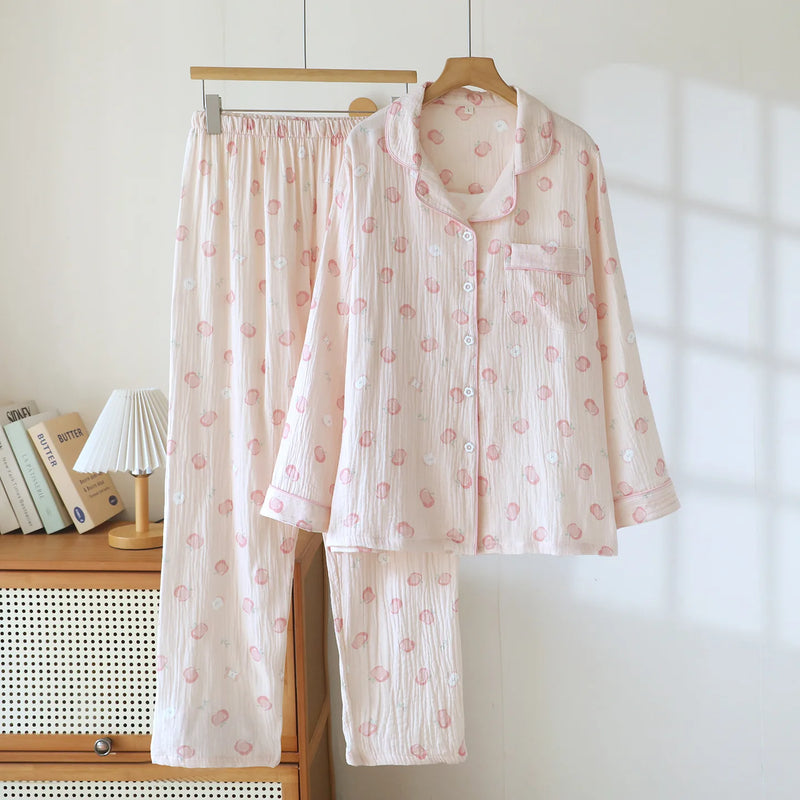Autumn New Women's Pajamas Long Sleeve TrousersTwo-piece Homewear Set Pure Cotton Pyjama Femme Nightwear Lapel Neck Sleepwear