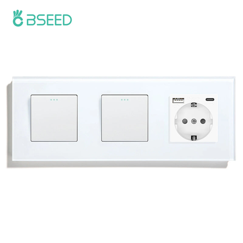 BSEED EU Standard Wall Button Switches Double 1Gang 1Way Wall Power Sockets USB Charger Glass Panel Type-C Socket Outlets