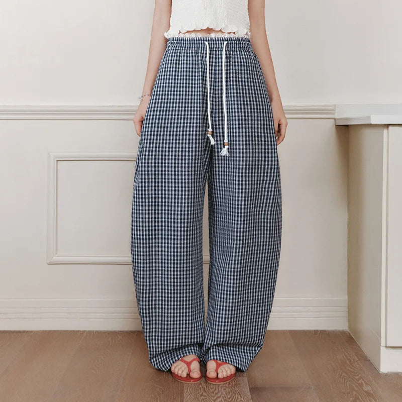Semir Women Pants Textured Plaid Lace Trim Elastic Waist Loose Curved Summer 2026 Casual Long Trousers Bottoms Wear