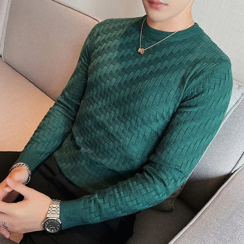 2023 Stretchable Jacquard Woven Winter Crew Neck Sweater Men's Slim Fit Pullover Knitwear Blue, Fashionable Check Pattern