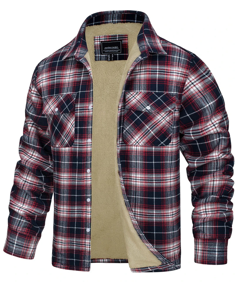 TACVASEN Fleece Lining Jackets Mens Flannel Cotton Jackets Plaid Casual Button Down Cargo Work Coats Thicken Outwear Man Tops