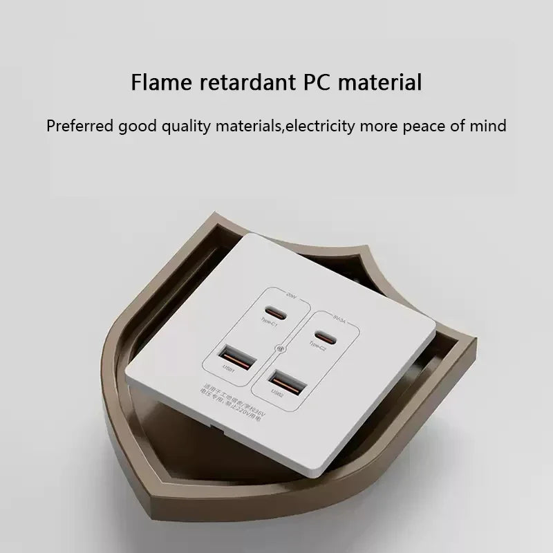 White Universal Smart Wall USB C Socket,20W Fast Charge Type-c 4port USB Plug Adapter Outlet,220V PC Electrical Power Socket