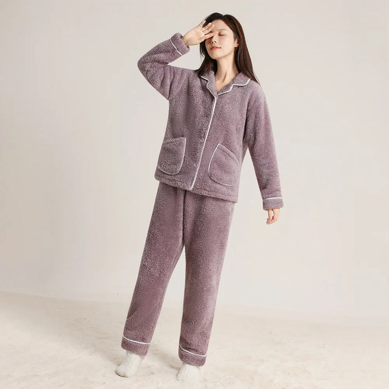 Pyjamas Femme Hiver Coral Fleece Warm Sleepwear Set New Thick Flannel Home Clothes For Women Hot Winter Pajamas Suit Female