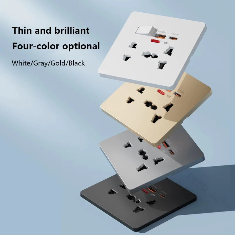 Universal 3/5Pin Smart Socket With 20W Fast Charging Type-C Port,UK Plastic Electrical Wall Double USB Power Outlet AC 110V-250V