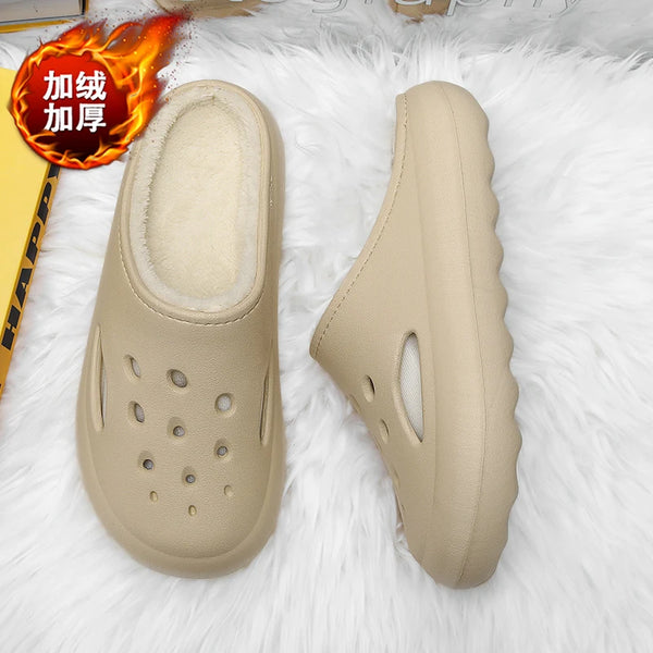 Winter Indoor Home Cotton Shoes for Men Women Warm Plush Fur Clogs Soft Half Slip-On Backless Rubber Sandals for Garden Footwear