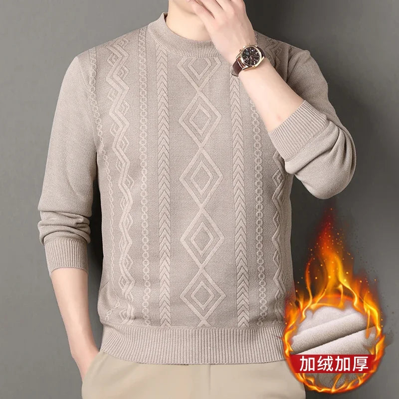 Jacquard Pattern Male Warm Sweater Full Fleece Lining Elastic Hem Crew Neck Office Semi Formal Long Sleeve Pullover