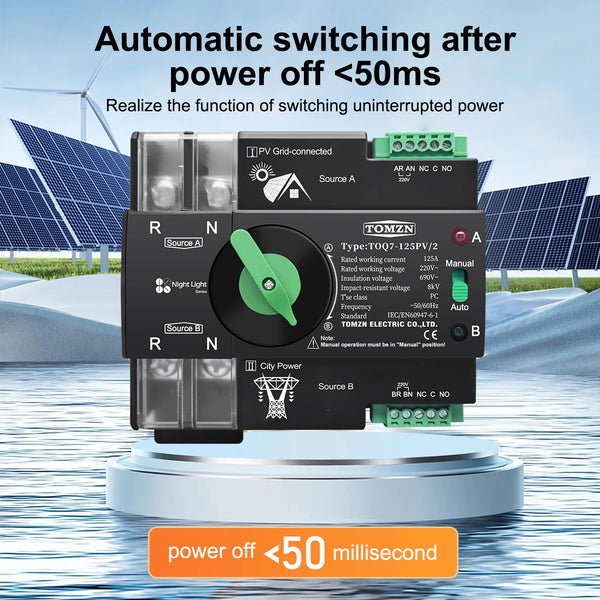 TOMZN 220V 230V Din Rail ATS Dual Power Automatic Transfer Electrical Selector Switch Uninterrupted 2P 63A 100A 125A TOQ7 PV
