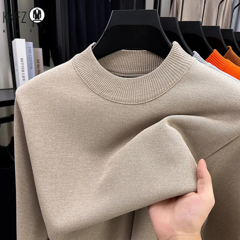 Soft Knitted Half High Neck Sweater Men Full Fleece Lined Thermal Pullover Breathable Long Sleeve Outfit For Fall Winter