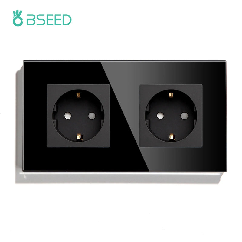 BSEED EU Standard Wall Sockets Single Powerful Outlets Black Double Frame Sockets Glass Panel Triple Sockets Kids Protection 16A