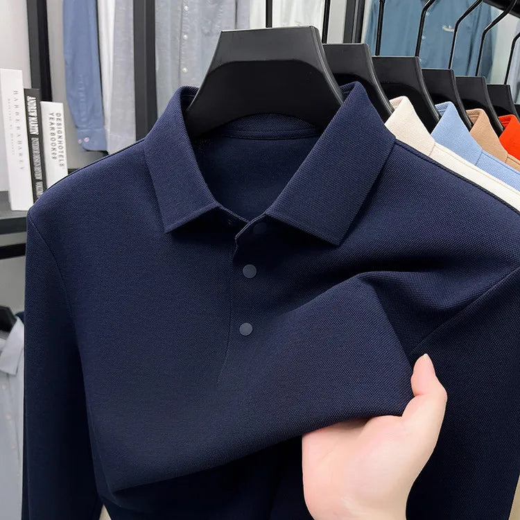 Men's Premium Long Sleeve Polo Shirt - Mercerized Pique Cotton, Seamless Collar and Cuff Design (12 Colors Available)