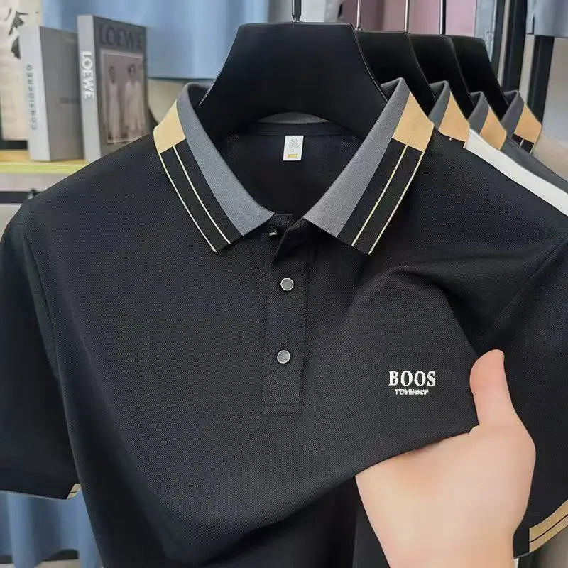 Quality Man Short-Sleeved Polo Shirt Lapel Button Color Blocking Letter Print British Style New T-Shirt Business Casual MensWear