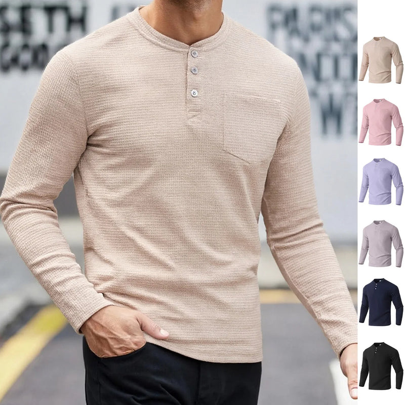Quality Men's Long - Sleeve Henley Shirt with Button - Down Collar: Casual Spring/Autumn Polo Top Grid O-neck T-shirt