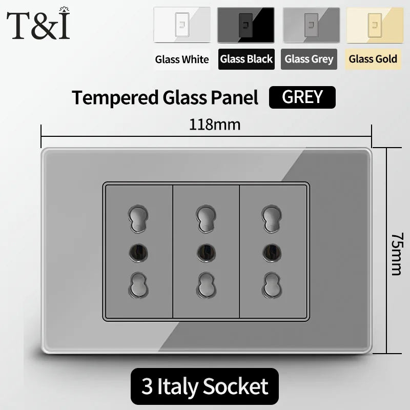 T&I Wall Switch Sockets With USB TypeC  Fast Charging, Italy Socket , Chile Schuko Outlet, Tempered Glass Panel for Home
