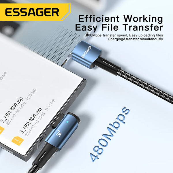 ខ្សែសាក Essager 7A USB Type C 90 ដឺក្រេ សម្រាប់ OPPO 100W ខ្សែសាកលឿន សម្រាប់ Honor Huawei Oneplus Realme ខ្សែសាកទិន្នន័យមុំ