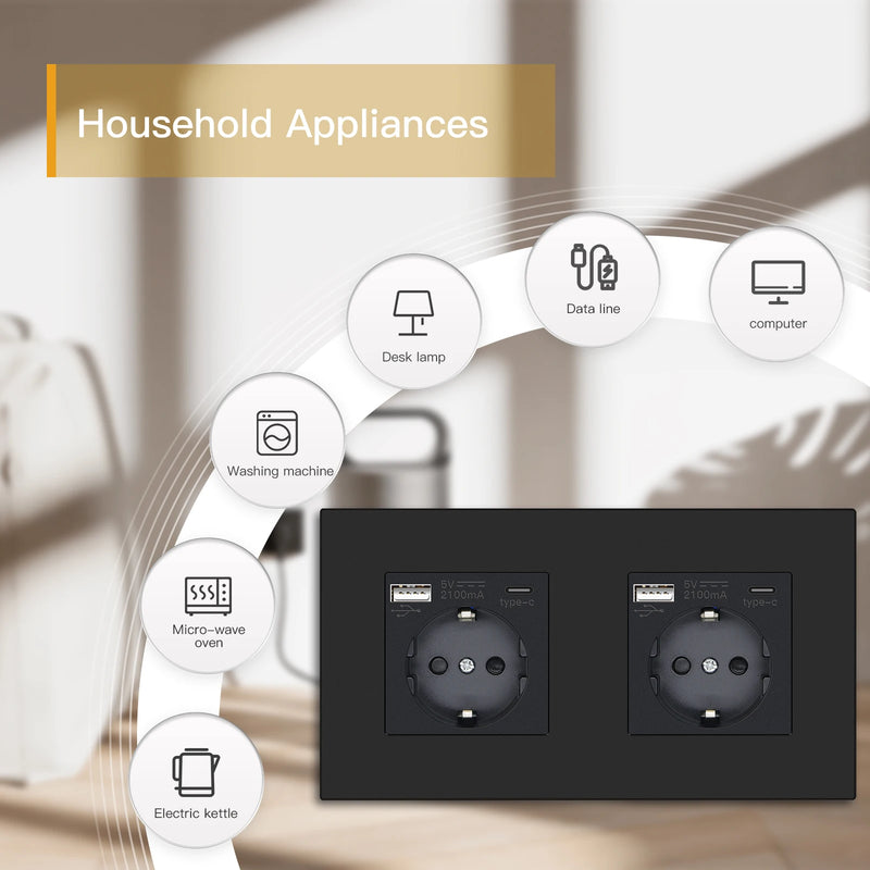 BSEED EU Button Switches With Power Socket 1/2/3Gang 1Way Electrical Outlets With USB Type-C Wall Socket 16A Plastic Panel