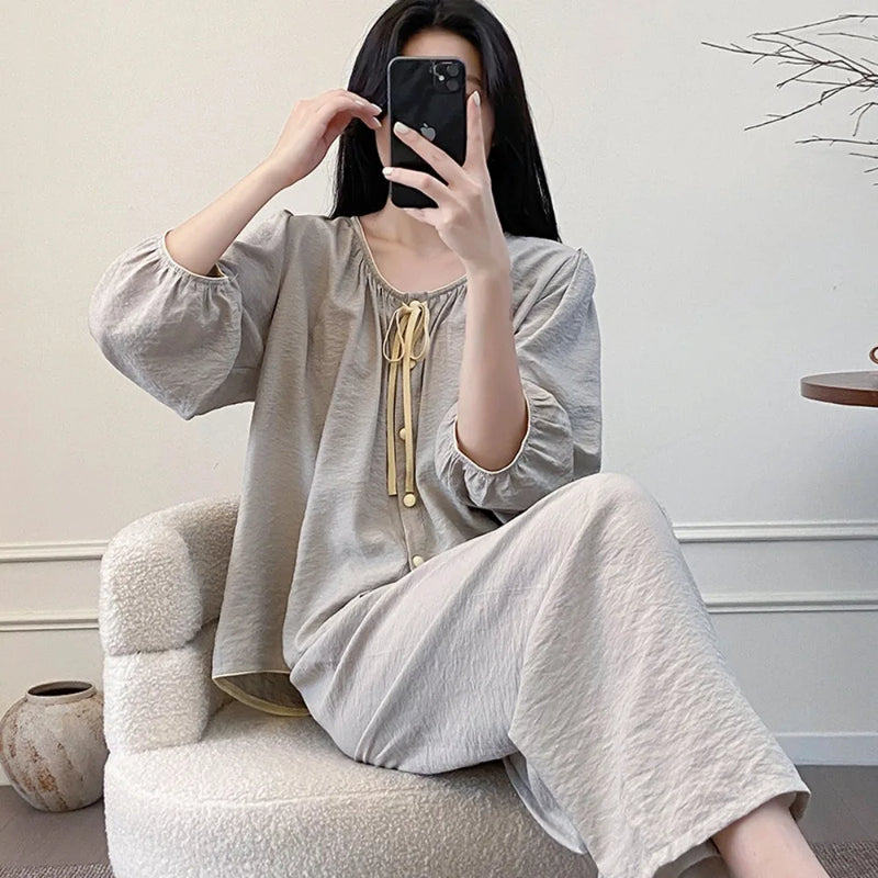 New Chest Pad Pajama Women 2 Piece Pijama Homewear Spring Summer Round Neck Top Sleepwear Suit Pyjamas Loungewear Home Clothes