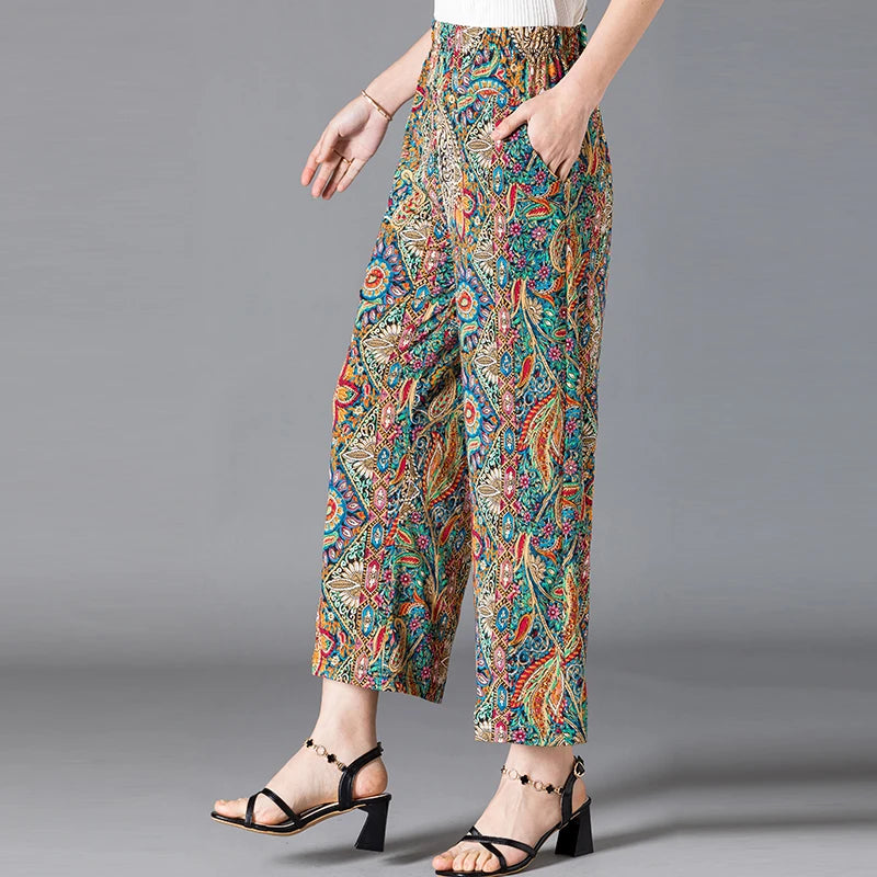 ខោជើងធំសម្រាប់នារី ខោបែប Vintage ឆ្នាំ 2023 ខោចង្កេះខ្ពស់បែប Bohemian បែបកូរ៉េ ធម្មតា ប្រវែងកជើង ជាមួយខ្សែក្រវាត់ ខោរលុង