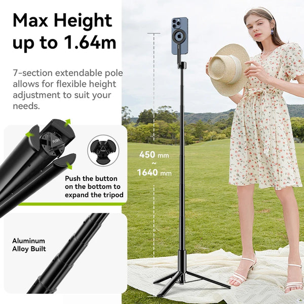 ជើងកាមេរ៉ា Ulanzi MG-002 Max Magnetic Phone Selfie Stick ជាមួយឧបករណ៍បញ្ជាពីចម្ងាយ ជើងកាមេរ៉ា Selfie អាចពង្រីកបាន 1.64 ម៉ែត្រ សម្រាប់ការផ្សាយផ្ទាល់តាមទូរស័ព្ទ iPhone Magsafe
