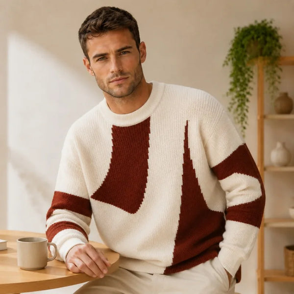 Men's Color Block Striped Sweater Crew Neck Loose Fit Knitted Pullover with Wool Autumn Winter Casual Streetwear