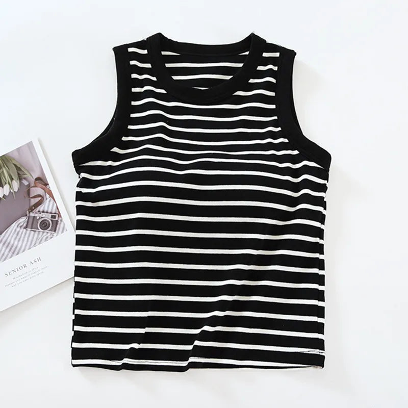Women Sleeping Shirts New Knitted Cotton Sleepwear Tops One Piece Pajamas Striped Sleeveless Chest Pad Underwear T-shirt