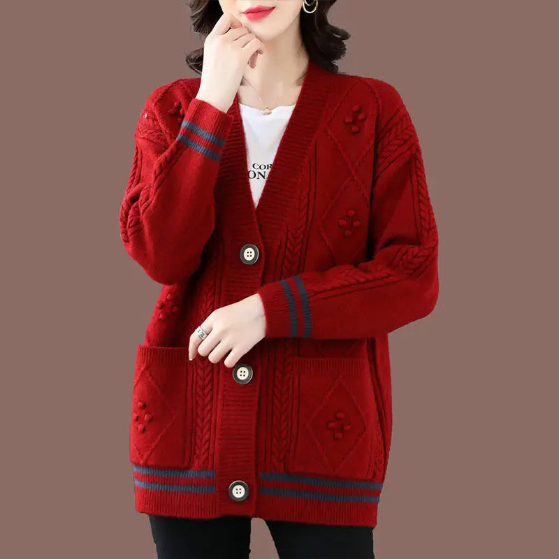 អាវក្រៅ Cardigan សម្រាប់នារី ម៉ូដអាវប៉ាក់រលុង អាវធំប៊ូតុងហោប៉ៅ អាវម្តាយវ័យកណ្តាល អាវធំសម្រាប់នារី រដូវស្លឹកឈើជ្រុះ រដូវរងា