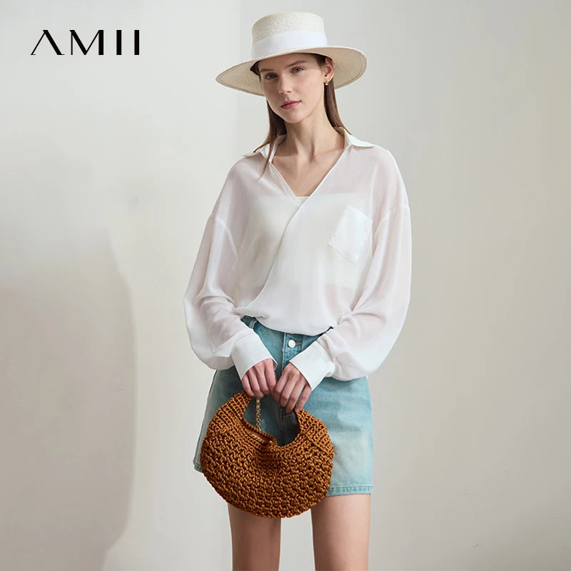 Amii Women 2026 Summer Chiffon Shirts Loose Solid V-neck Dropped Shoulder Long Sleeves Thin See Through Loose Blouse 12512024