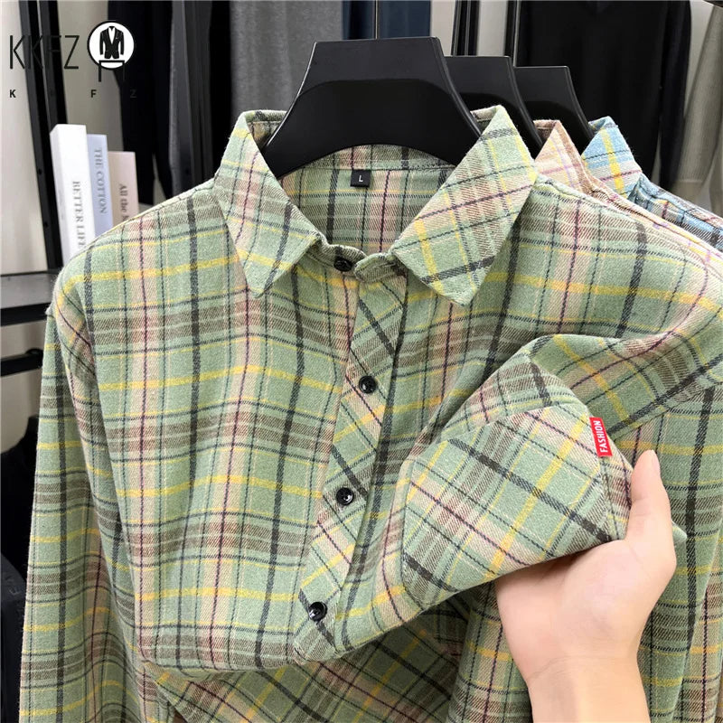 Street Fashion Plaid Shirt Loose Fit Chest Pocket Woven Label Autumn Casual Button Down Layered Overshirt