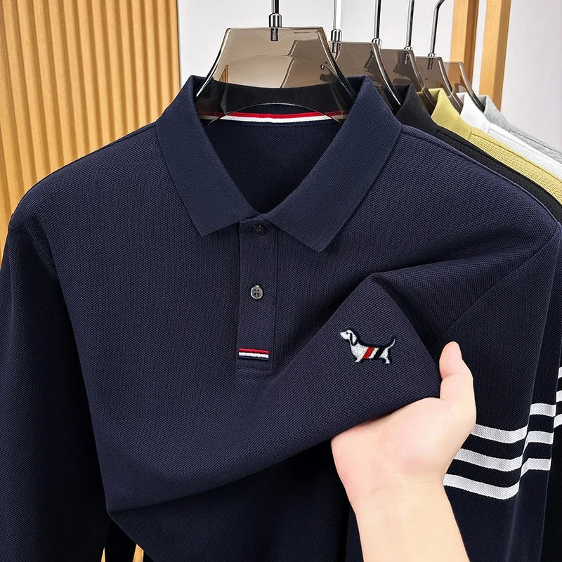 Best Seller 100% Cotton Man Long-Sleeved Polo Shirt Lapel Button Dog Embroidery Autumn Winter New Tops Leisure Men's Clothing
