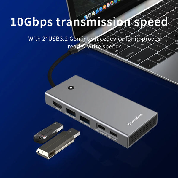 ប្រអប់ Blueendless M2 Sata/NVMe SSD Enclosure USB C Hub ស្ថានីយ៍ចតកុំព្យូទ័រយួរដៃ 4K 60Hz HDMI-Com USB3.2 10Gbps PD100W ប្រអប់ SD/TF SSD